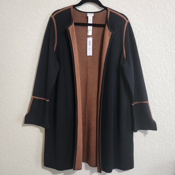 Chico's Black & Brown Open Front Longline Reversible Cardigan Size 3 Petite NWT - Picture 2 of 9